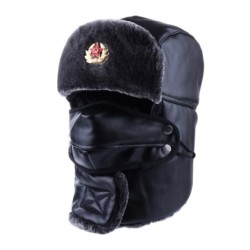 Warm winter leather hat - with neck / face cover / ear flaps - Russian / Soviet badgeHats & Caps