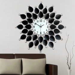European style - quartz wall clock - black petals with crystals - 36cm