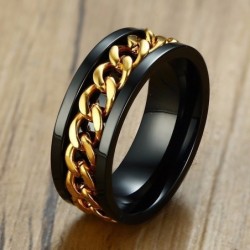 Black ring - with rotatable gold chain - unisex - stainless steel